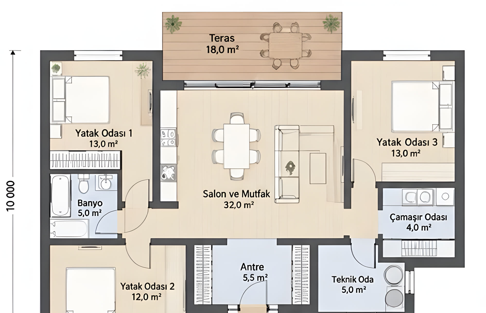 Teraslı Ev 3+1, 100 metrekare kat planı: üç yatak odası, salon ve mutfak, banyo, çamaşır odası, teknik oda ve teras